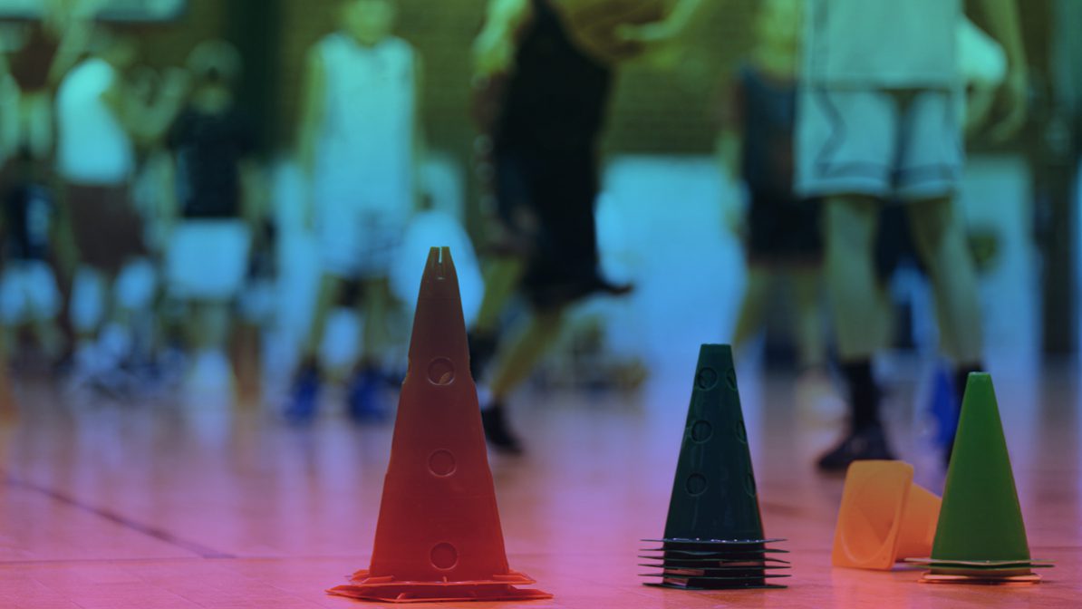 Cones laid out at a sports event in order to perform the SCAT6 or Sport Concussion Assessment Test 6 